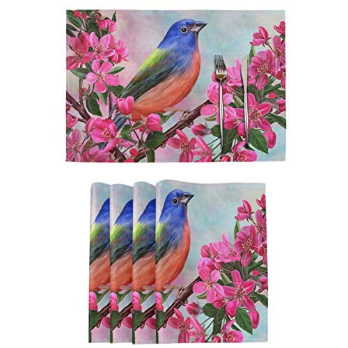 Bird Flowers Placemats Set of 6 Washable Non-Slip Burlap Table Mats Heat Resistant Place Mats for Home Kitchen Dining Party 12 X 18 in 